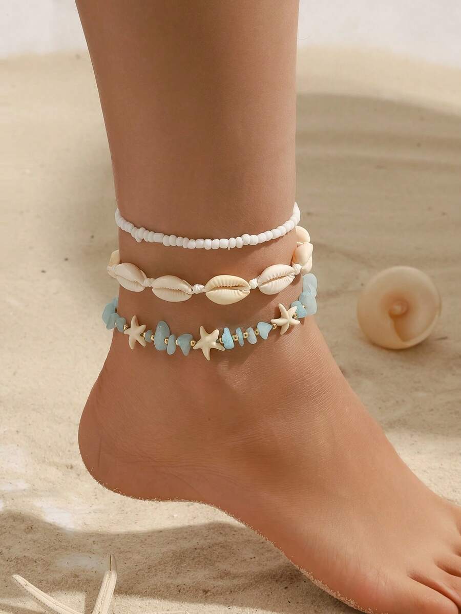 3件組女性海灘貝殼腳鍊套組-層疊式寶螺、海星與珠飾腳鍊,夏季波希米亞風腳飾珠寶 - 彩色 - 查看 1
