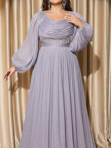 Voworia Plus Size Women Round Neck Long Sleeve Tassel Fitted Chiffon Elegant Evening Dress Party Spring Wedding - Purple - View 2