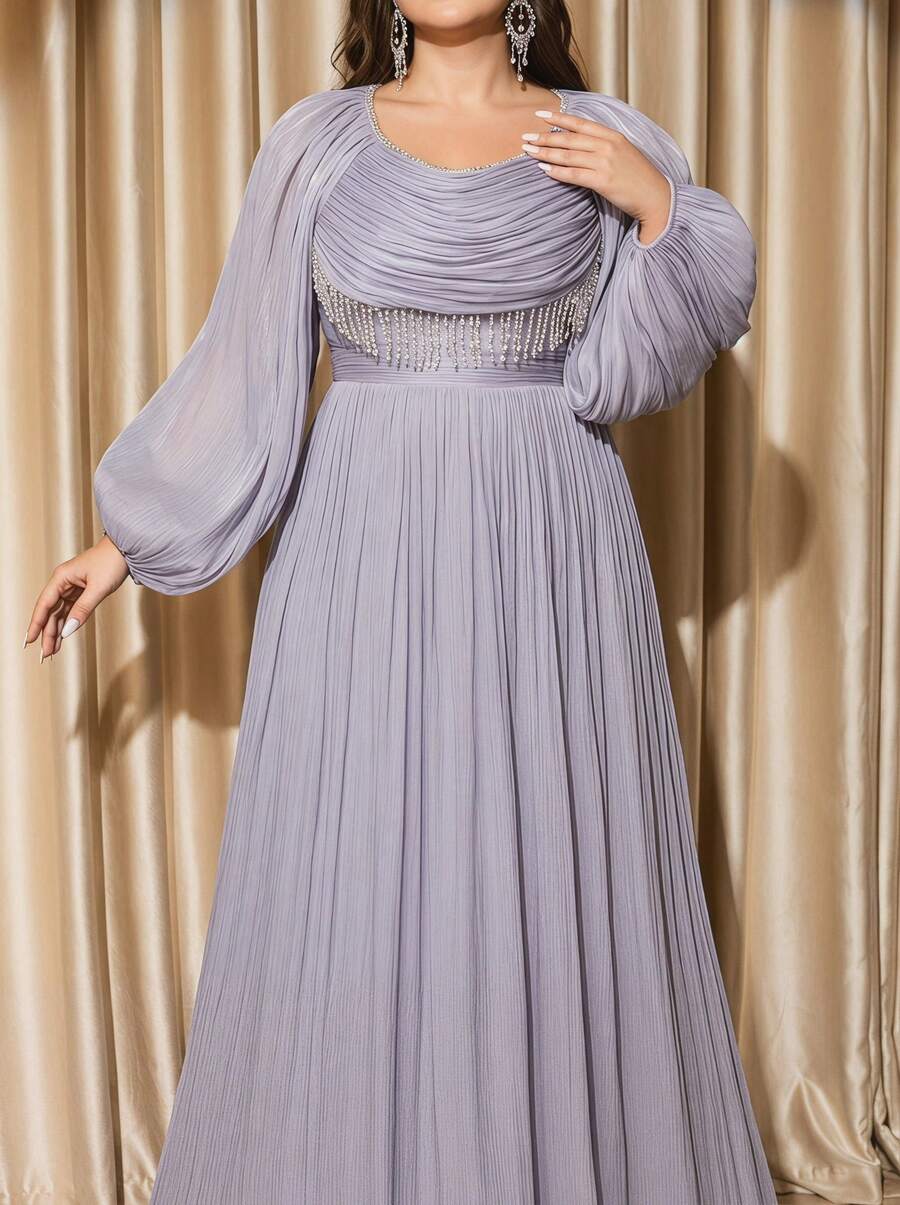 Voworia Plus Size Women Round Neck Long Sleeve Tassel Fitted Chiffon Elegant Evening Dress Party Spring Wedding