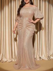 Voworia Plus Off Shoulder Ruched Sequin Formal Dress Elegant Prom Evening Wedding Guest Gown, For Graduation, Dinner Party Dress Spring - Champagne - View 2