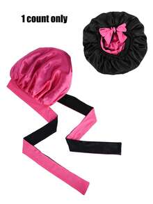 Double Layer Colorblock Satin Sleep Cap Wig Cap - Elastic Fabric Long Strap Hat In Black and Rose Red - View 4