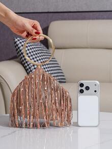 Women's Evening Bag With Rhinestone And Tassel Decor Handbag - Champagne - View 8