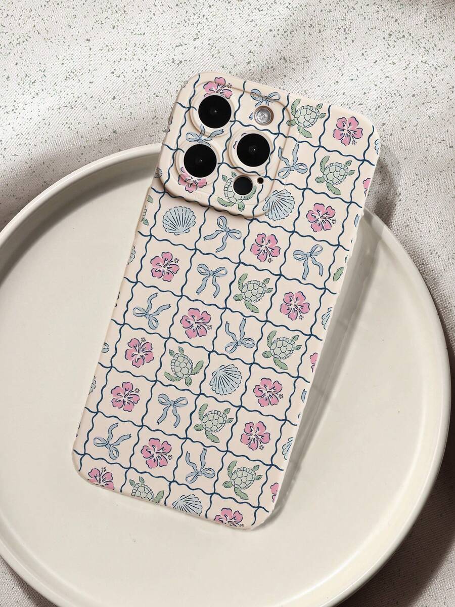 Funda de teléfono móvil de silicona líquida con patrón de lazo de cuadros costeros, conchas marinas, hibisco y tortuga marina, protección completa del Body, a prueba de golpes y caídas, funda de goma suave TPU compatible con iPhone - Multicolor - Ver 1