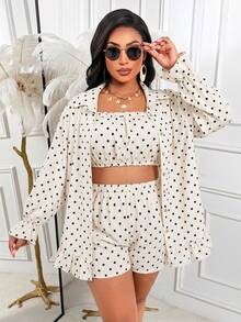AIJ Conjunto casual para mujer talla grande, incluye blusa con cuello de botones delanteros y bajo con volantes, elegante para vacaciones de verano - Base de albaricoque con manchas negras - Ver 5