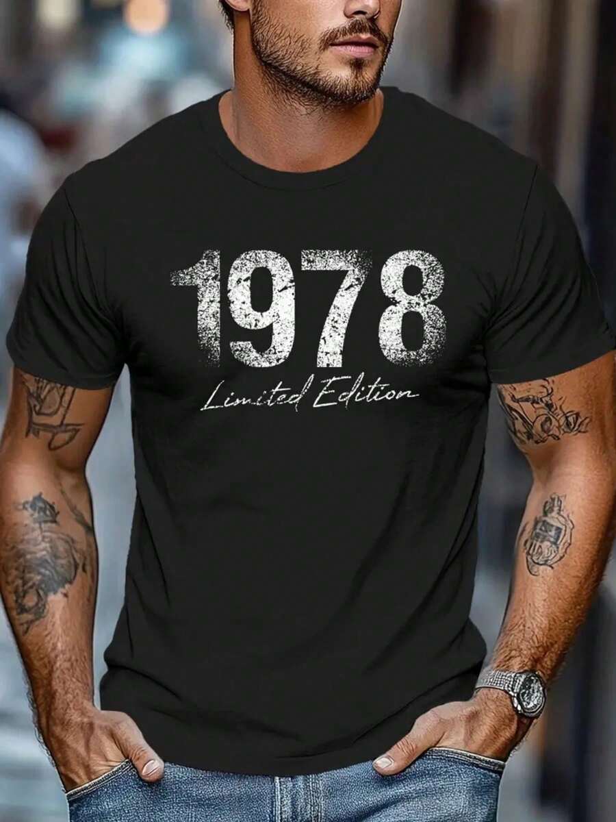 Camiseta de Hombre Estilo Retro "Edición Limitada Vintage 1978" con Estampado Creativo, Cuello Redondo, Manga Corta, Casual para Exteriores - Negro - Ver 1