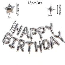 18pcs Silver Happy Birthday Letter Balloon Set, 16 Inch HAPPY BIRTHDAY Letter Balloons, 10 Inch Four-Pointed Star Five-Pointed Star Foil Balloons, Suitable For Birthday Party Scene Props Decoration Set - View 7