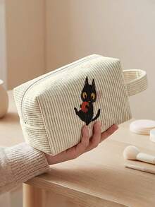 1 pieza Bolsa de pana con estampado de gato con asa, bolsa de maquillaje y artículos de tocador, cierre con cremallera. Plegable, duradera, multiusos para viajes, uso diario y estudiantes - Multicolor - Ver 9