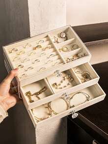 1pc, 3 Compartments, 5 Layers Velvet Jewelry Box Drawer, Necklace, Earring, Ring Storage Box, Large Capacity Portable Jewelry Storage Box, Bathroom Storage Box, Desktop Storage Box, 3 Layers Acrylic Velvet Jewelry Box, Women's Gift. - Multicolor - View 7