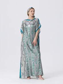 1pc Printed Silk-Like Robe With Scarf Set, Women Coverup For Beach, Sunshade, Windproof, Daily Wear - Multicolor - View 3