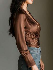 Sexy Women Deep V Neck Satin Lace Trim Blouse, Long Puff Sleeve Waist Cinched Slim Fit Top, Autumn/Winter New Style, Suitable For Daily Commute And Date Wear - Brown - View 7