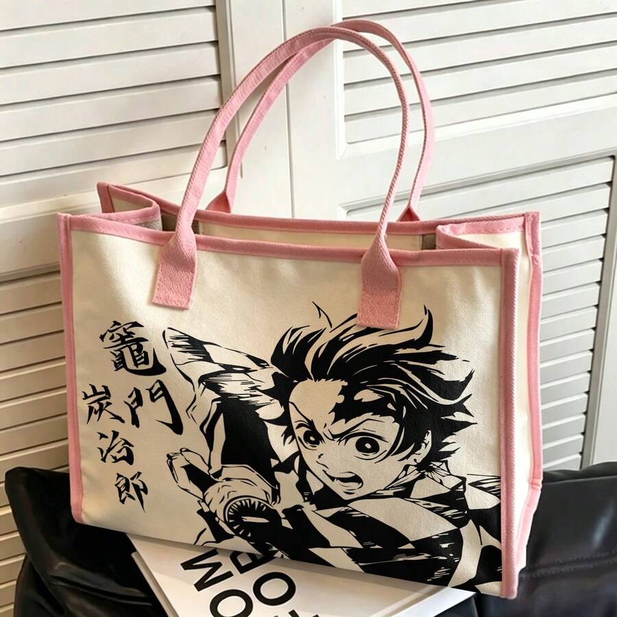 Miniso 竈門炭治郎書法與漫畫帆布托特包,極簡主義動漫帆布手提包 - 粉色 - 查看 1