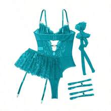Lilosy Sexy Stocking Rhinestones Heart Garter Underwire Floral Mesh Lace Sheer Babydoll Lingerie Teddy Bodysuit Skirt Set - Turquoise - 查看 5