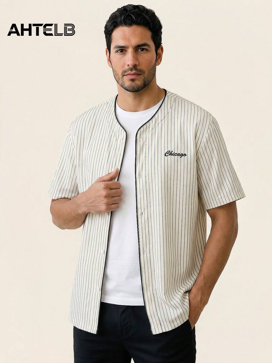 AHTELB Men's Summer Stand Collar Striped Short Sleeve Shirt, Thin Casual Button-Up Shirt, Contrast Color Collar, Daily Casual Wear Sports - White - View 1
