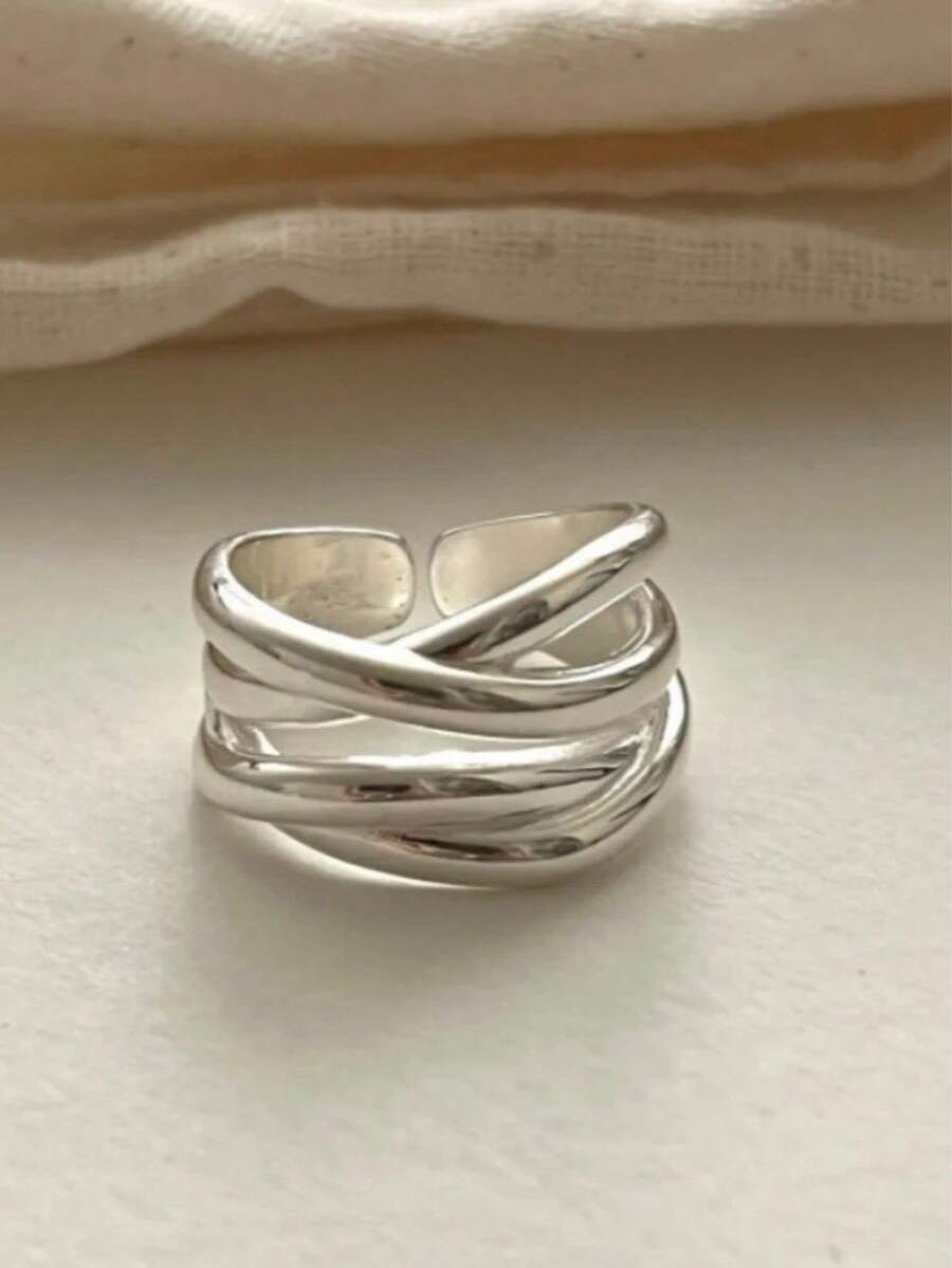 Gold Plated Twisted Intertwined Open Cuff Ring, Minimalist Irregular Layered Band Adjustable Statement Ring For Women Daily Jewelry - Silver - View 1