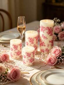 Pink Floral Print Cylindrical Candle, 1.96 Inch Romantic Rose Pink Pattern Design Candle, Smokeless Atmosphere, Decorative Candle, Perfect For Valentine's Day, Wedding Dinner, Birthday Party, Anniversary, Afternoon Tea, Picnic Scene, Home Decor - Pink Printed Column Wax - View 8