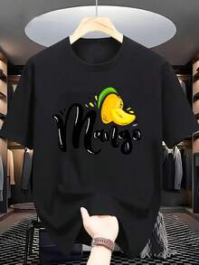 Primavera Grafica. 1pc.100%Coton.T-shirt à manches courtes d'été pour hommes avec impression de lettres - Top décontracté à col rond respirant, vêtements d'été à manches courtes - Noir - Voir 1