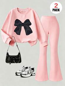 Teen Girls 2 Pieces Set, Bow Print Crew Neck Sweatshirt And Long Pants, New Fashion Casual, Suitable For Travel - Pink - View 2
