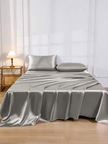 4pcs Light Gray Premium Solid Color Silky Satin Bedding Set, 1pc Fitted Sheet & 1pc Flat Sheet & 2pcs Pillowcases Mattress Protector Set (Pillow Inserts Not Included) - Light Grey - View 2