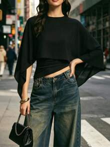 Solid Color Asymmetric Hem Blouse For Night Out Black Summer - Black - View 4