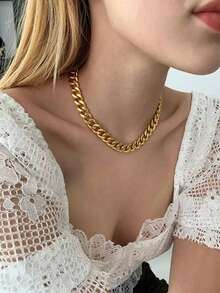 1pc Gold Hip Hop Thick Cuban Chain Choker Necklace For Women, Beach Chain, Summer Beach Vacation - Yellow Gold - View 4