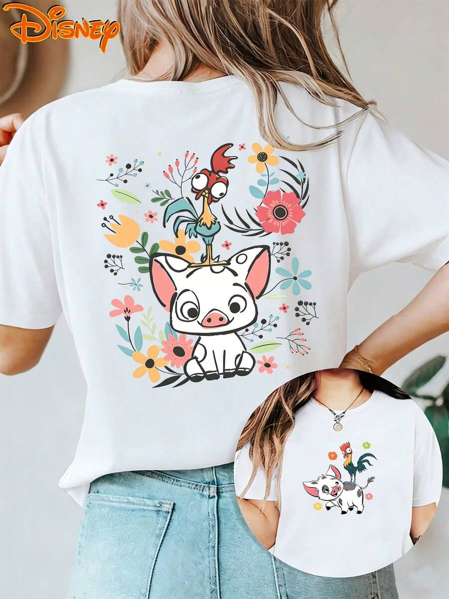 (Loose Version)Authentic Disney Women's Summer Apparel: Disney Moana Cartoon Floral Pattern T-Shirt Featuring Pua The Piglet And Heihei The Rooster