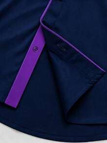 Men's Business Commute Colorblock Front Button Patch Pocket Long Sleeve Formal Shirt - Navy Blue - View 4