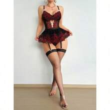 Lilosy Sexy Stocking Rhinestones Heart Garter Underwire Floral Mesh Lace Sheer Babydoll Lingerie Teddy Bodysuit Skirt Set - 花黑紅 - 查看 4