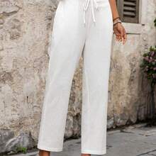 MewMuse.  Pantalones casuales versátiles de uso diario con cintura con cordón y rayas para mujer - Blanco - Ver 4