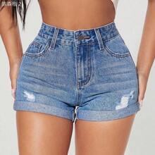 xuehuamaoyi02  PETITE Shorts vaqueros casuales y desgastados con bolsillos para mujer, versátiles para uso diario - Blanco - Ver 4