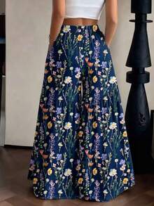Quần ống rộng họa tiết Bohemian nữ, vải dệt dài, không co giãn, rủ mềm mại, có túi, phù hợp mặc mùa hè và mùa thu. - Màu xanh lam - Xem 2