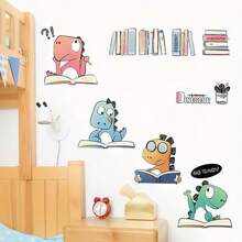 1pc PVC Cartoon Wall Sticker Self-Adhesive Decorative Bedroom Decor Study Room Sticker Cute Dinosaur Reading Pattern - one-size - View 8