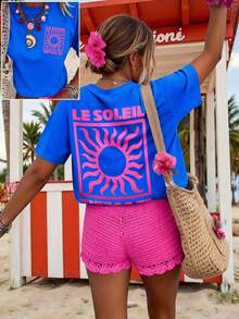 DrmWander Women's T-Shirt, Short Sleeve Graphic Tee, Casual Street Style, Cute Summer Top - 藍色 - 查看 1