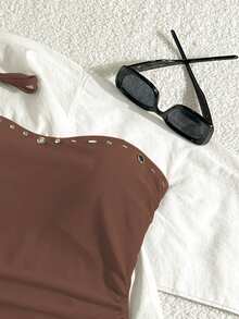 Traje de baño de una pieza para mujer de verano, unicolor con diseño de remaches, sin espalda, bandeau, diseño de corte de diseñador, adecuado para playa, piscina, ropa de vacaciones de verano, unicolor acanalado sin espalda para vacaciones en la playa, graduación, baile de graduación, cumpleaños, unicolor negro con perlas para vacaciones en la playa - Marrón Mocha - Ver 10