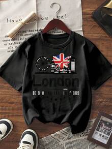 Unisex London Graphic Print Short-Sleeve T-Shirt Casual Summer O-Neck Loose Fit Top - Black - View 6