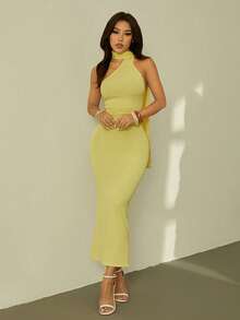 PETITE Vestido ajustado de cuello de halter y espalda descubierta - Amarillo - Ver 1