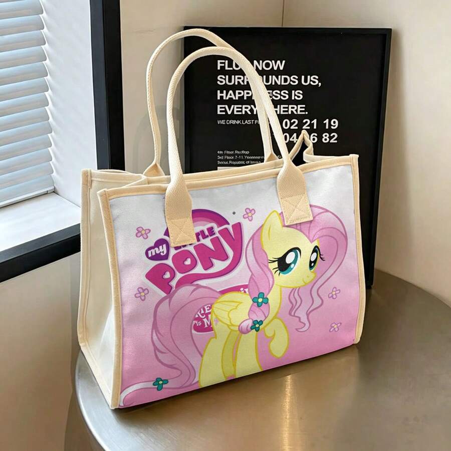 Miniso 小馬寶莉 Fluttershy 印花帆布托特包,粉色漸層背景搭配花卉圖案與粉色滾邊,大容量休閒手提肩背包 - 白色 - 查看 1
