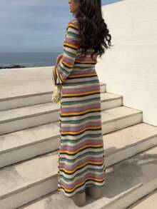 Women's Bohemian Style Striped Deep V-Neck Long Sleeve Knit Rainbow Striped A-Line Elegant Summer Autumn Dress - Multicolor - View 4