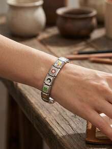 1 pieza Pulsera modular de acero inoxidable DIY, pulsera elástica, pulsera con estampado de cuadrados y trenes entrelazados - Plateado - Ver 4
