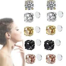 3pcs/Set 6-8MM Single Stainless Steel Ear Studs, Unisex, No Piercing Required, Round & Square Inlaid, Low Hypoallergenic, Clip-On Earring Set, 6mm - Square Magnet Set - View 2