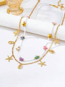 2件組波希米亞度假風海洋系列貝殼海星米珠腰鍊 女款 - 金黃色 - 查看 3