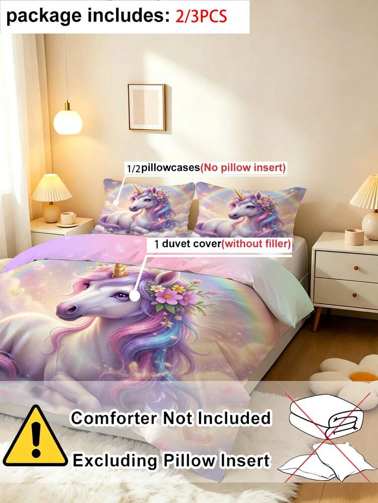 2/3pcs Dreamy Rainbow Unicorn Children's Bedding Set (Spring/Summer Series) Double-Sided Printed Duvet Cover Set, Suitable For Children, Teens, Boys And Girls For All Seasons, Zipper Closure (Filling Not Included), Pillowcase Size 50x75cm, 100% Polyester - Multicolor - View 6