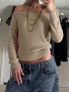Live To Mo Autumn Y2K Women's Casual Open Shoulder Knit Top, Fashionable Sequin Sweater, Suitable For Back To School And Daily Wear - Khaki - View 7