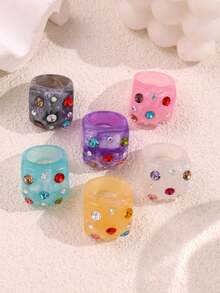 6 piezas/Set de anillos de resina con incrustaciones de strass, diseño geométrico exagerado, colorido, versátil, creativo, único, elegante y de alta gama para mujer, uso diario, joyería para fiestas y vacaciones - Multicolor - Ver 8