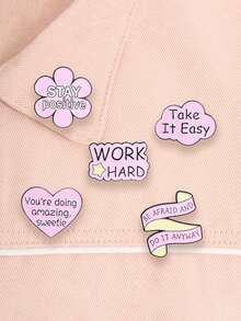 5pcs Warm Healing Pink Text Enamel Brooch "STAY Positive" Positive Slogan Badge, Fashion Clothing Backpack Accessory, Best Gift For Friends - Multicolor - View 4