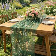 Embroidered Butterfly & Floral Table Runner Suitable For Weddings - Elegant Sheer Table Decor With Embroidery, Fabric, Length For Chair Back, Veil Or Party Decoration, Multi-Use Decorative Table Runner For Special Events - Dark Green - View 9