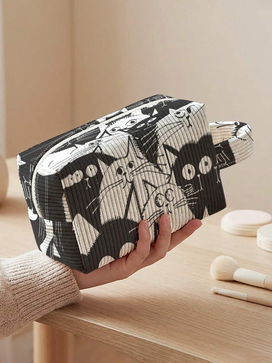 1pc Cat Print Corduroy Pouch With Handle ,Makeup & Toiletry Bag, Zipper Closure. Foldable, Durable, Multi-Use For Travel, Daily & Students - Multicolor - View 1