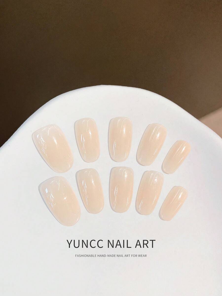 10pcs Handmade Short Square Pressed Nails, Natural Bare Milky White Glossy Fake Nails, Reusable Fake Nails For Daily Use - 白色 - 查看 1