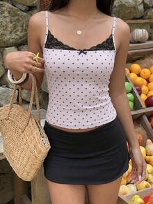 ENGU CO. Summer Gentle Pink Polka Dot Lace Thin Strap Camisole Girl Style Black Bow Slim Fit Flattering Inner Layer Cropped Top - Baby Pink - View 10