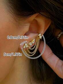 2pcs/Set Fashionable Elegant Luxury Geometric Stud Earrings With Chain Tassel, Copper Zirconia Inlaid Diamond Single Earring Set, Suitable For Women's Daily, Party, Holiday, Date, Daily Gift, Jewelry Gift - Gold - View 3