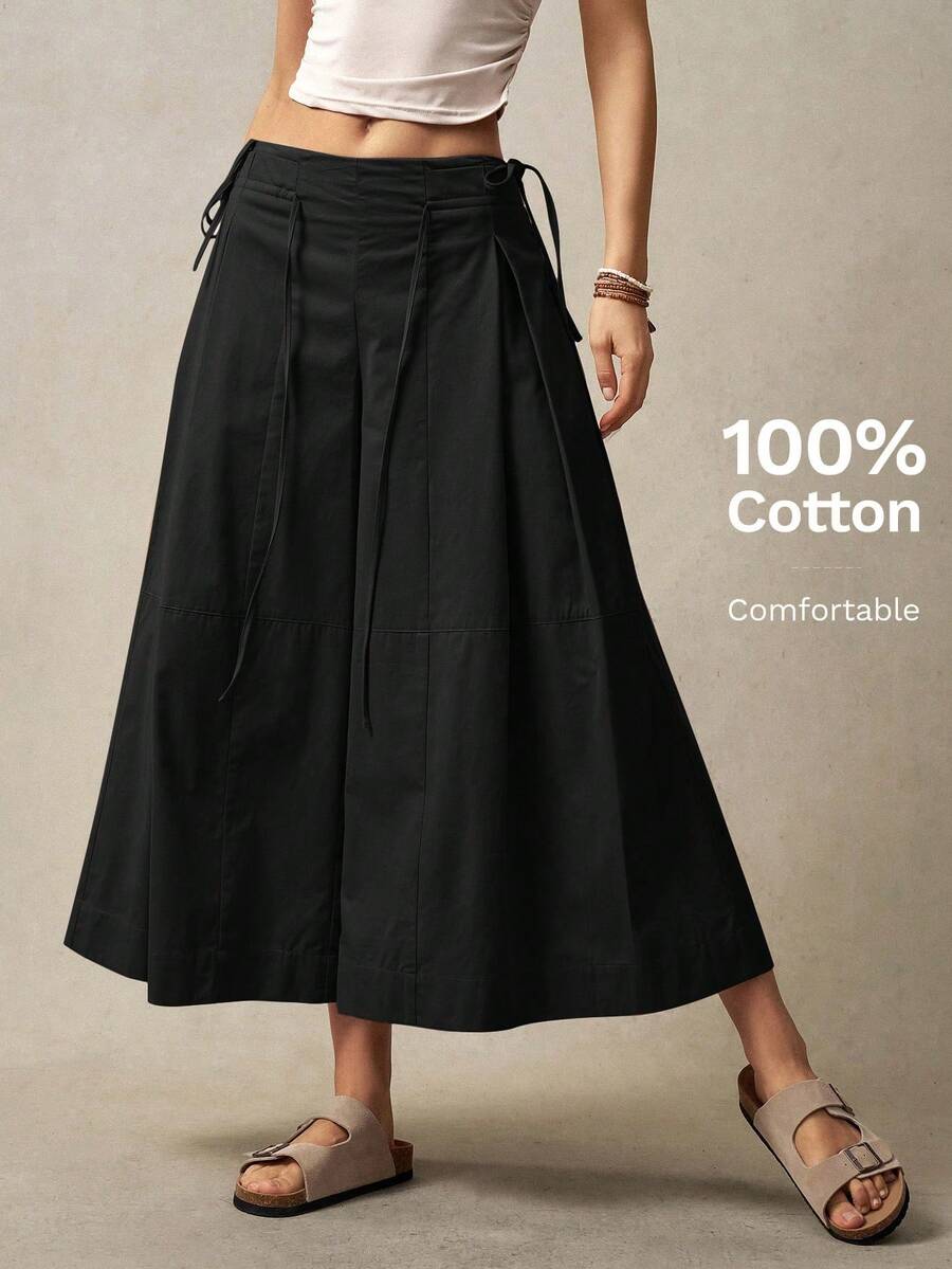 Pantalones anchos casuales y sueltos de unicolor para mujeres, estilo de vacaciones - Negro - Ver 1